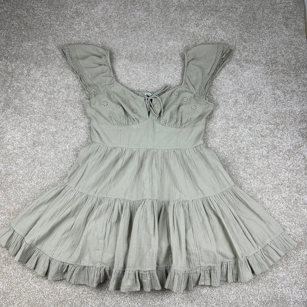 American Eagle Sage Green Eyelet Tiered Ruffle Cotton Boho Peasant Mini Dress L